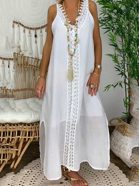 

V Neck Loosen Solid Vacation sleeveless women Short sleeve Woven Dress, White, Dresses