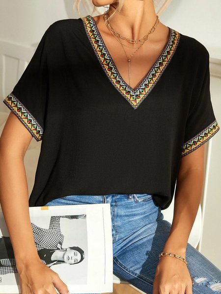 

V neck Casual Jacquard Shirts & Tops, Black, T-Shirts