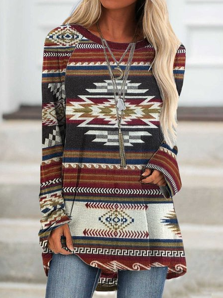 

Regular Fit Round Neck Tribal Long Sleeve T-shirt, Multicolor, Long sleeve tops