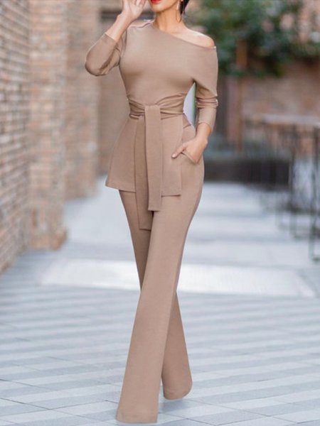 

Solid Regular Fit Simple Long Sleeve One-Piece, Khaki, Jumpsuits