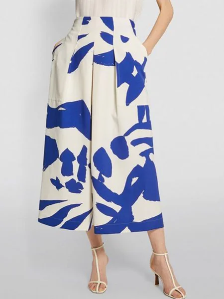 

Wide Leg Vacation Regular Fit Abstract Pants, Blue, Wide Leg Pants