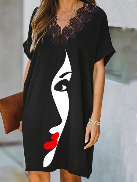 

V Neck Casual Short Sleeve Woven Dress, Black, Mini Dresses
