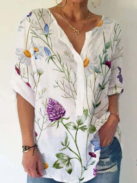 

Leaves Print Casual Vacation Round Neck Long Sleeve Shirts & Tops, White, Blouses & Shirts