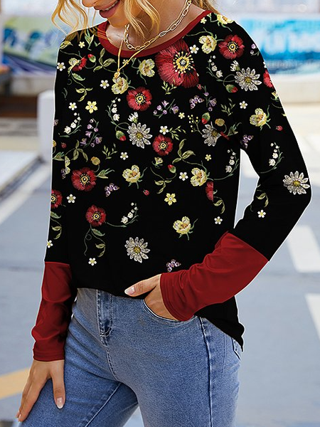 

Black and Red Floral Contrast Sleeve Long Sleeve T-Shirt Vacation Long sleeve tops, Long sleeve tops