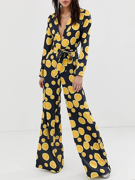 

V Neck Vacation Fruit Jumpsuit, Black, Jumpsuits