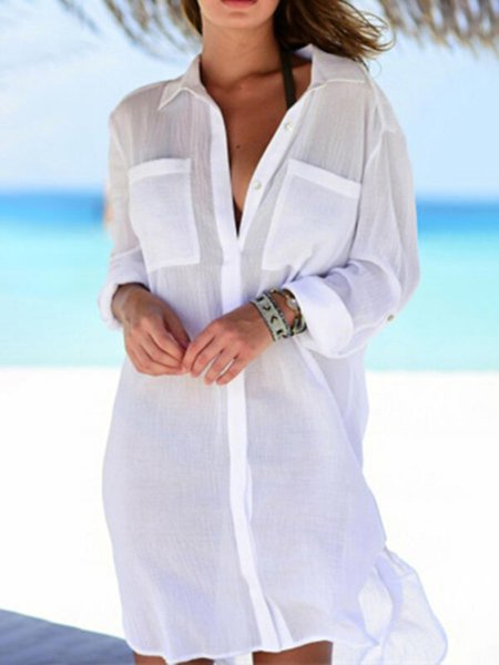 

Casual Long Sleeve Shirt Collar Plus Size Dress, White, Mini Dresses