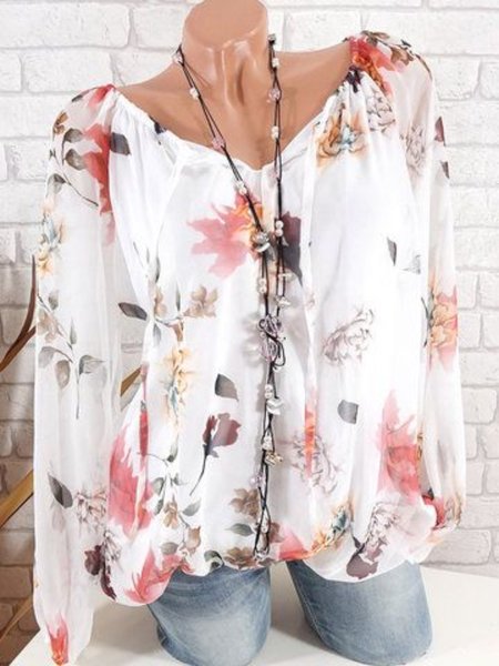 

V Neck Floral Casual Shirts & Tops, White, Tops