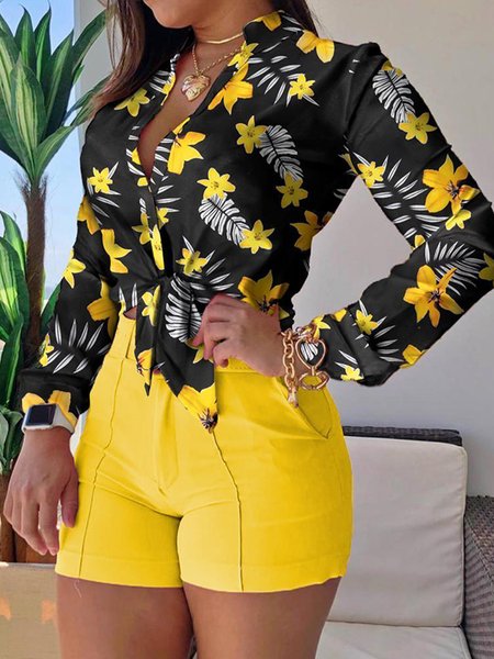 

Vacation Shirt Collar Regular Fit Daily Top, Yellow, Blouses and Shirts