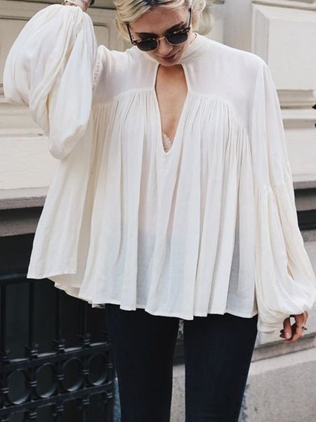 

Solid Casual Long Sleeve Loosen Top, White, Tops