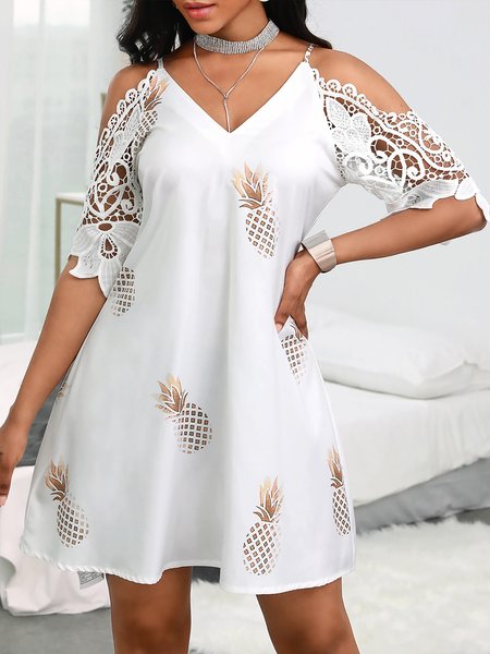 

party V Neck Loosen Fruit&Vegetable short sleeve Short sleeve Women Dress, White, Mini Dresses