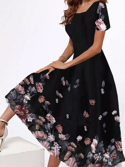 

Floral Casual Square Neck Short sleeve Knit Dress, Black, Dresses