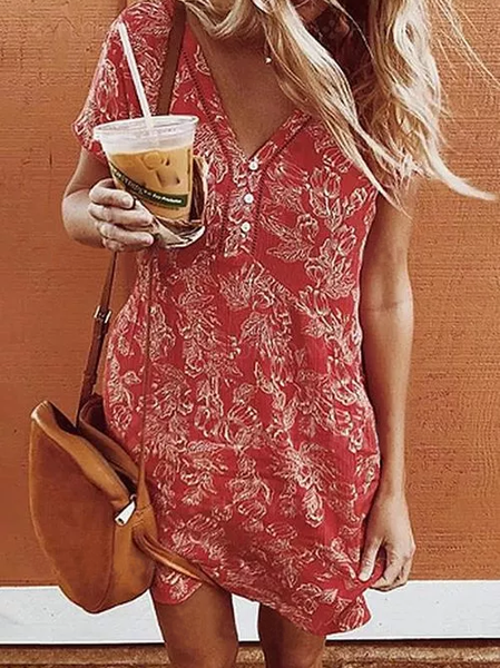 

Deep V Loosen Short sleeve Woven Dress, Orange red, Mini Dresses