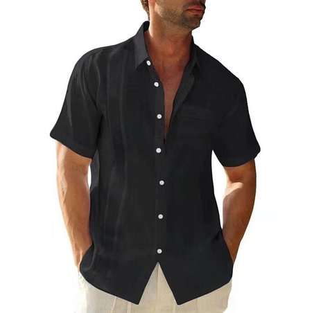 

Solid Color Casual Cotton Linen Short Sleeve Shirt, Black, Shirt