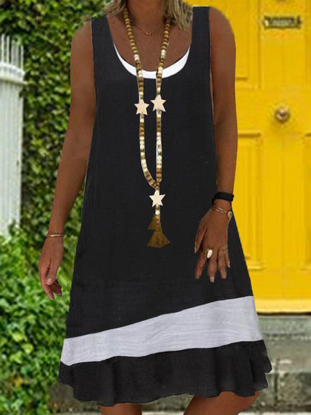 

Crew Neck Solid Cotton Blends Short sleeve Woven Dress, Black-white, Mini Dresses