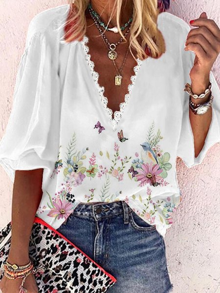 

Loosen Casual V Neck Shirts & Tops, White, Blouses & Shirts