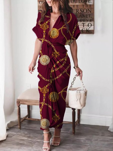 

Vacation Shirt Collar Printed Short sleeve Dress, Wine red, Maxi Dresses
