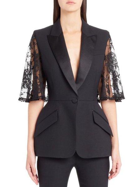 

Flat Collar Regular Fit Lace Sleeve Blazer, Black, Blazers