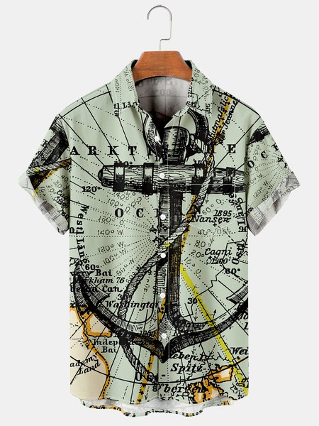 

Mens Map Anchor Printed Casual Breathable Short Sleeve Shirts, Green, Men's Floral shirt
