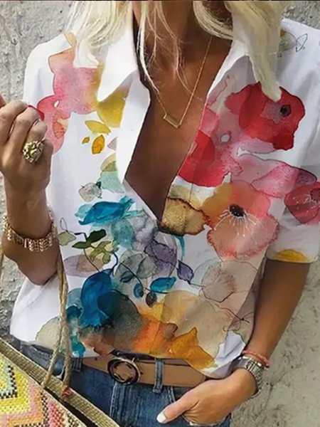

Floral Shirt Collar Vacation loosen long sleeve Shirts & Tops, Multicolor, Shirts & Blouses