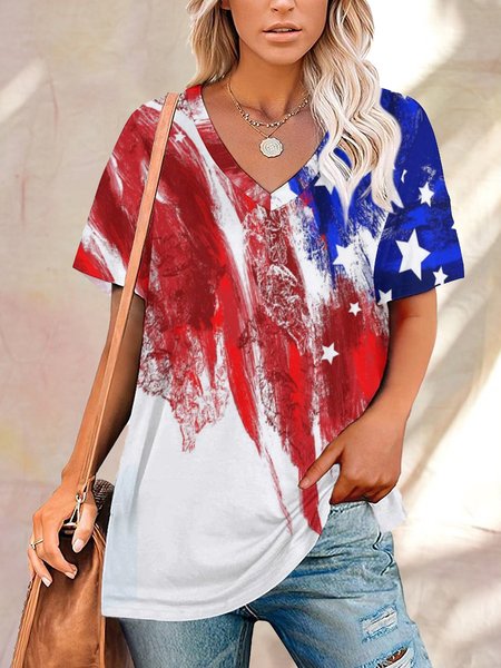 

American Flag Gradient Print V-Neck Short Sleeve T-Shirt, As picture, T-shirts