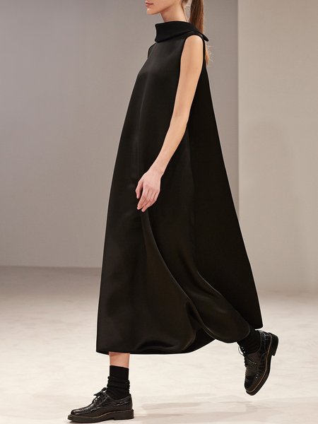 

Simple Lapel Plain Loosen Sleeveless Maxi Dress, Black, Maxi Dresses