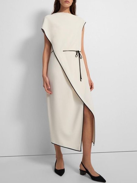 

Regular Fit Contrast Line Tie-waist Solid Dress, Apricot, Maxi Dresses