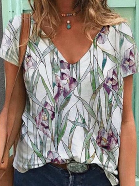 

JFN V Neck Floral Loosen Daily T-Shirt/Tee, Multicolor, T-Shirts