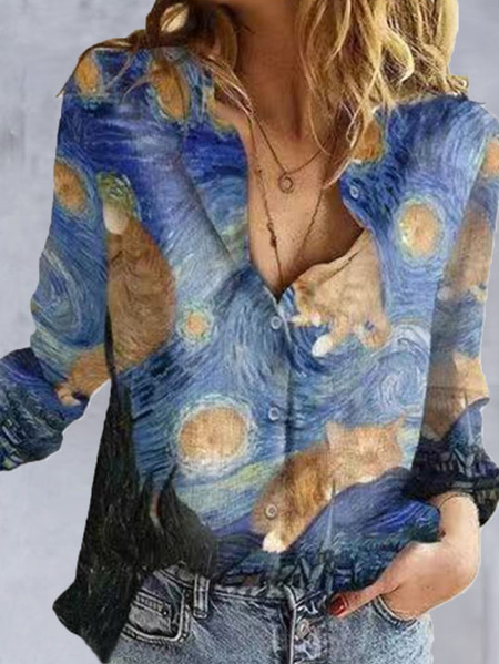 

Loosen Animal Shirt Collar Long Sleeve T-shirt, Blue, Long sleeve tops