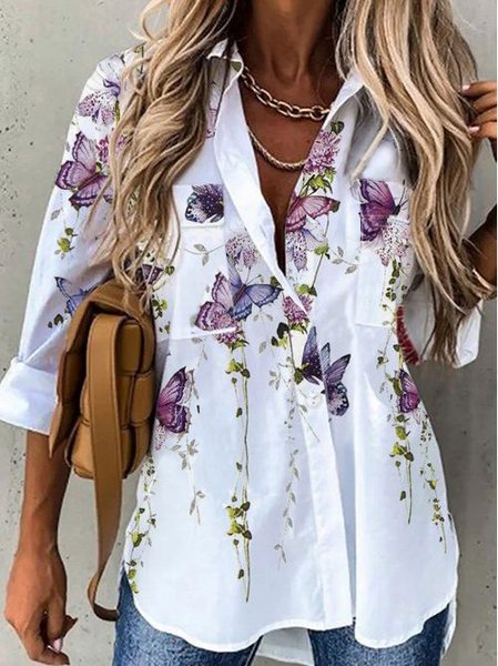 Women's Butterfly Long Sleeve Shirt Spring/Fall Shirt Collar Casual Top, White, Blouses