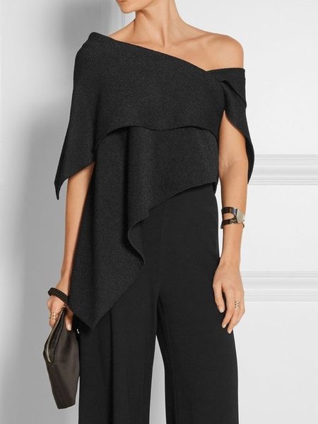 

Elegant Solid Off The Shoulder Asymmetric Design Black Top, Tops