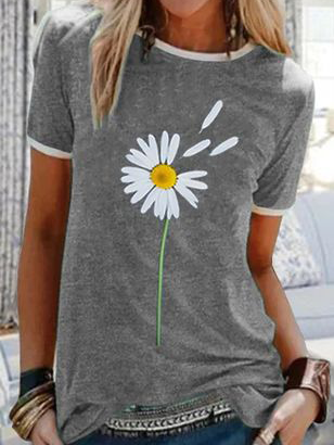 

Casual Crew Neck Plants Short Sleeve T-shirt, Gray, T-Shirts