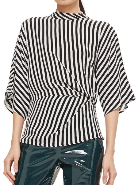 

Spring Elegant Daily Lightweight Short sleeve Stand Collar Tops, Stripe, Tops