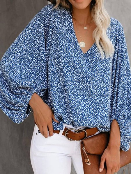 

Long Sleeve V Neck Casual Shirts & Tops, Blue, Tops