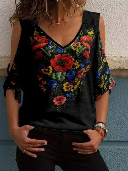 

Casual V Neck Floral Short sleeve tops, Black, Tops