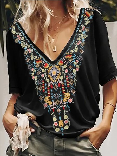 

V Neck Casual Short Sleeve Tops, Black, T-Shirts