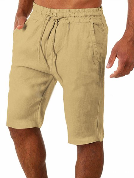 

Men's Casual Solid Color Cotton Linen Shorts, Khaki, Men's shorts