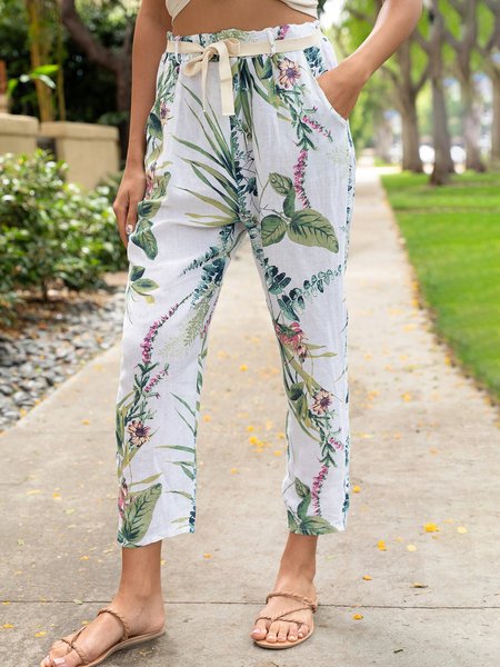

Holiday Casual Floral Print Drawstring Wist Ninth Pants, White, Pants