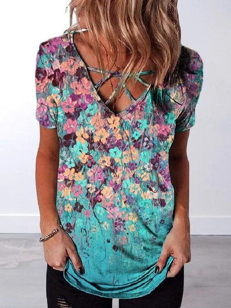 

Regular Fit V Neck Floral Short sleeve tops, Blue, T-Shirts