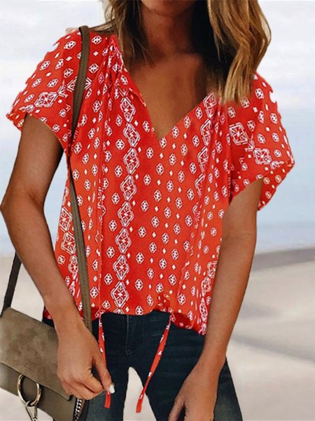 

Geometric V Neck Casual Vacation Loosen Short sleeve tops, Orange, Tops