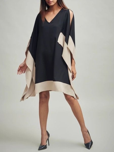 

Simple Solid V-neck Color-block Dress, As picture, Mini Dresses