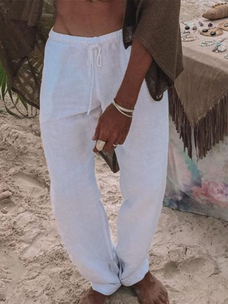 

Cotton And linen Style American Casual Basic Wild linen Trousers, White, Pants