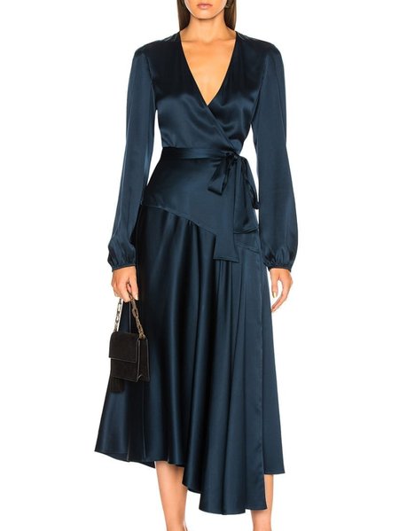 

Elegant V Neck Regular Fit Belted Long Dress, Dark blue, Midi Dresses