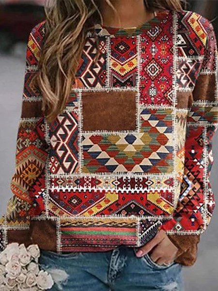 

Vacation Crew Neck Loosen Tribal long sleeve Shirts & Tops, Red, Long sleeve tops