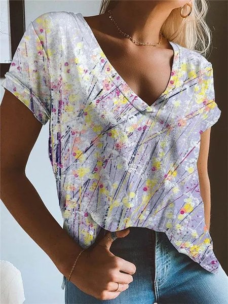 

Casual V Neck Painted Shirts & Tops, Light purple, T-Shirts