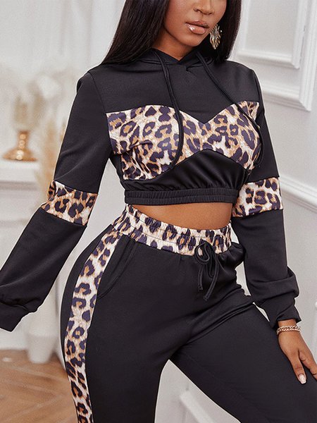 

Regular Fit Casual Leopard Long Sleeve Suit, Black, Pants Set