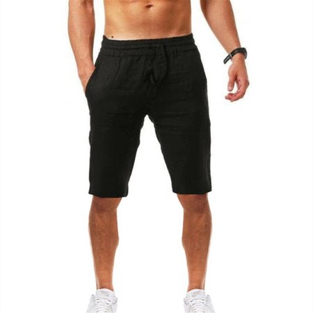 

Solid Color Casual Cotton Linen Shorts, Black, Shorts