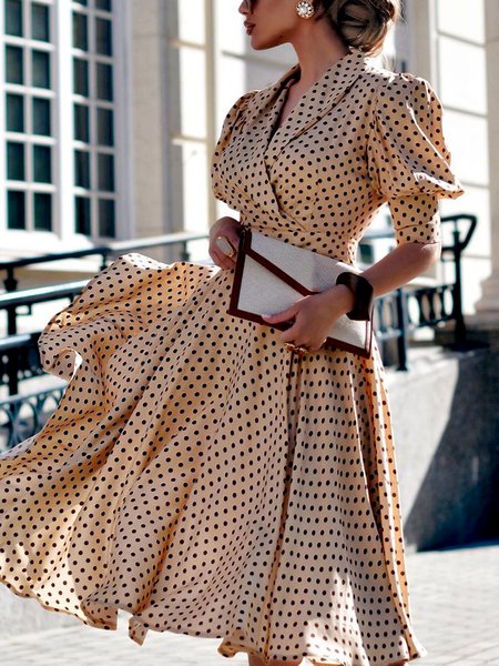 

Elegant Regular Fit Polka Dots Midi Dress, Khaki, Maxi Dresses