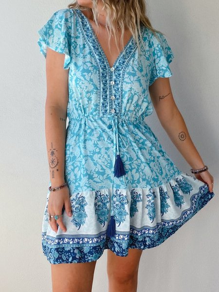 

Buttoned Loosen Floral Printed Short sleeve Women Dress, Blue, Mini Dresses