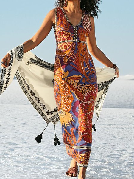 

Printed Ethnic V-Neck Loose Sleeveless Holiday Dress inside, Orange, Maxi Dresses