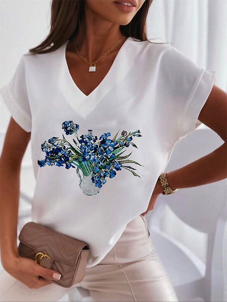 

Floral V Neck Loosen Short sleeve tops, White, T-Shirts